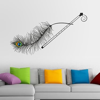 Decals Design Krishna Flute and Peacock Feather Wall Sticker (PVC Vinyl, 70 cm x 50 cm), Multicolour