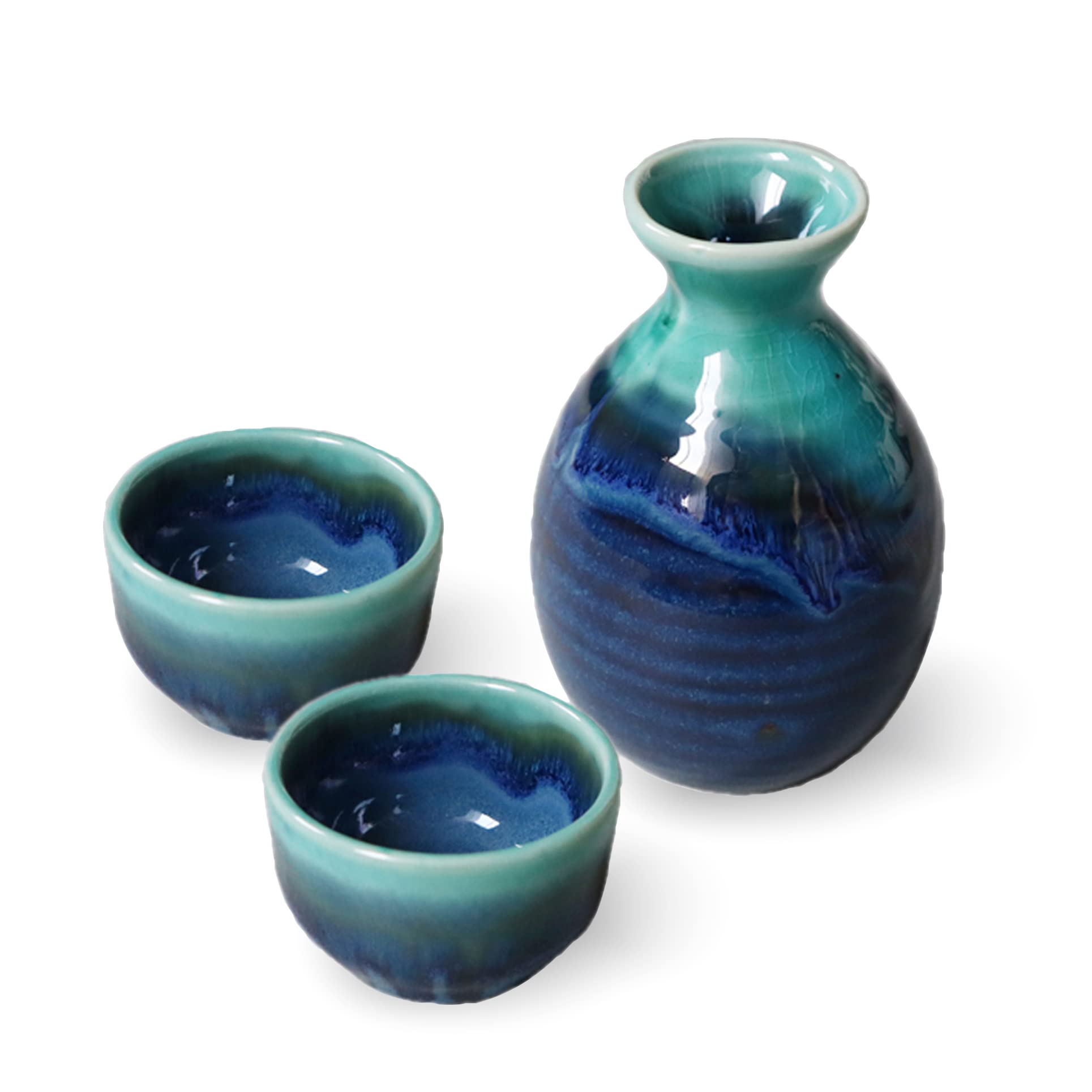 [Set of 3] Minorutouki Mino-yaki Japanese Sake 2 Cups 50ml & 1 Decanter 330ml Awasaka Turquoise Blue Made in Japan
