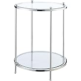 Pemberly Row Two Tier Round End Table, Gold Metal Frame, Clear Glass Shelves, 18 x 18 x 24 in, Bottom Shelf for Storage, Cont