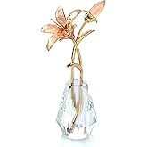 Crystal Tiger Lily Flowers with Crystal Vase Metal Stem Gold Lily Flower Collectible Gifts for Women, Glass Lilium Flower Artificial Floral Figurines for Home Wedding Party Decor