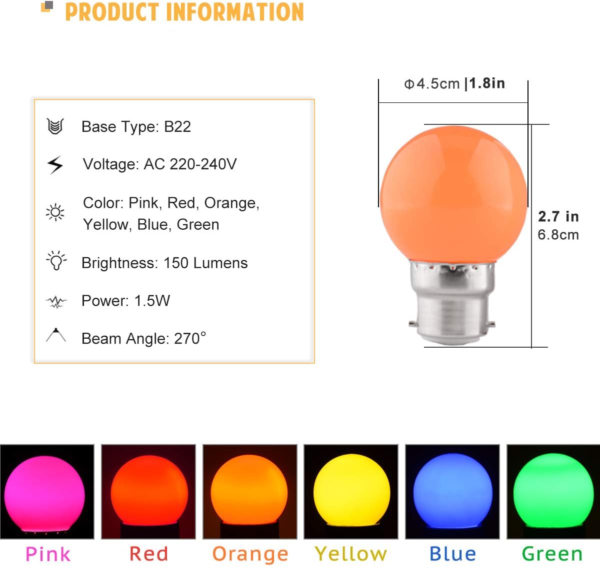 LED Colour Light Bulb B22, 1.5W Festoon Lights Equivalent to 15W 18W 20W Light Bulb, 12 Pack Coloured Lights - Image 3