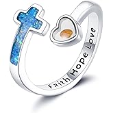 Mustard Seed Cross Ring 925 Sterling Silver Opal/Blue Opal Jewelry Faith Adjustable Ring Gifts for Women Lover