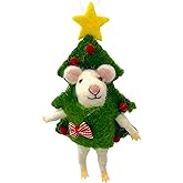 White Mouse Ornament Dressed as Christmas Tree Holiday Decoration