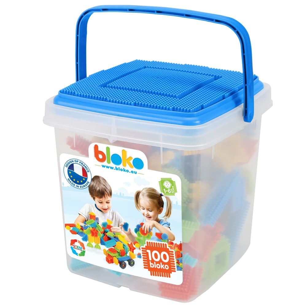 BLOKO - Storage barrel of 100 with 1 Play Plate (Blue) - From 12 Months - Made in Europe - Construction toys 1st age - 503552