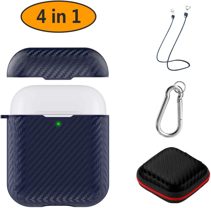 Hianjoo Case Compatible with Apple AirPods 1/2 (Front LED Visible), Carbon Fiber Shockproof Protective Cover 4-in-1 Soft Case Replacement for Apple AirPods - Blue