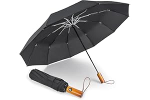 Lejorain Windproof Travel Folding Umbrella - 10 Ribs Automatic Collapsible Wind Resistant Black Umbrellas - Compact Rain Umbrella for Backpack