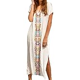 YouKD Summer Embroidered Floral Loose Caftan Boho Beach Bikini Cover Up Dress Plus Size Robe for Women