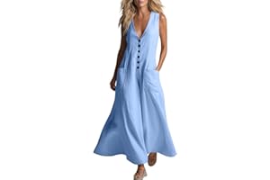 Women's Maxi Dress Summer Sleeveless Linen Long Flowy Vacation Dress V Neck Button Down Loose Fit Cruise Dresses