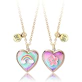 Rainbow Flower BFF Friendship Necklace Cute Heart Pendant Locket Picture Necklaces Set Of 2 Photo Secret Inside Storage Matching Birthday Graduation Jewelry Gifts for Sister Besties Daughter Best Friend Forever Women