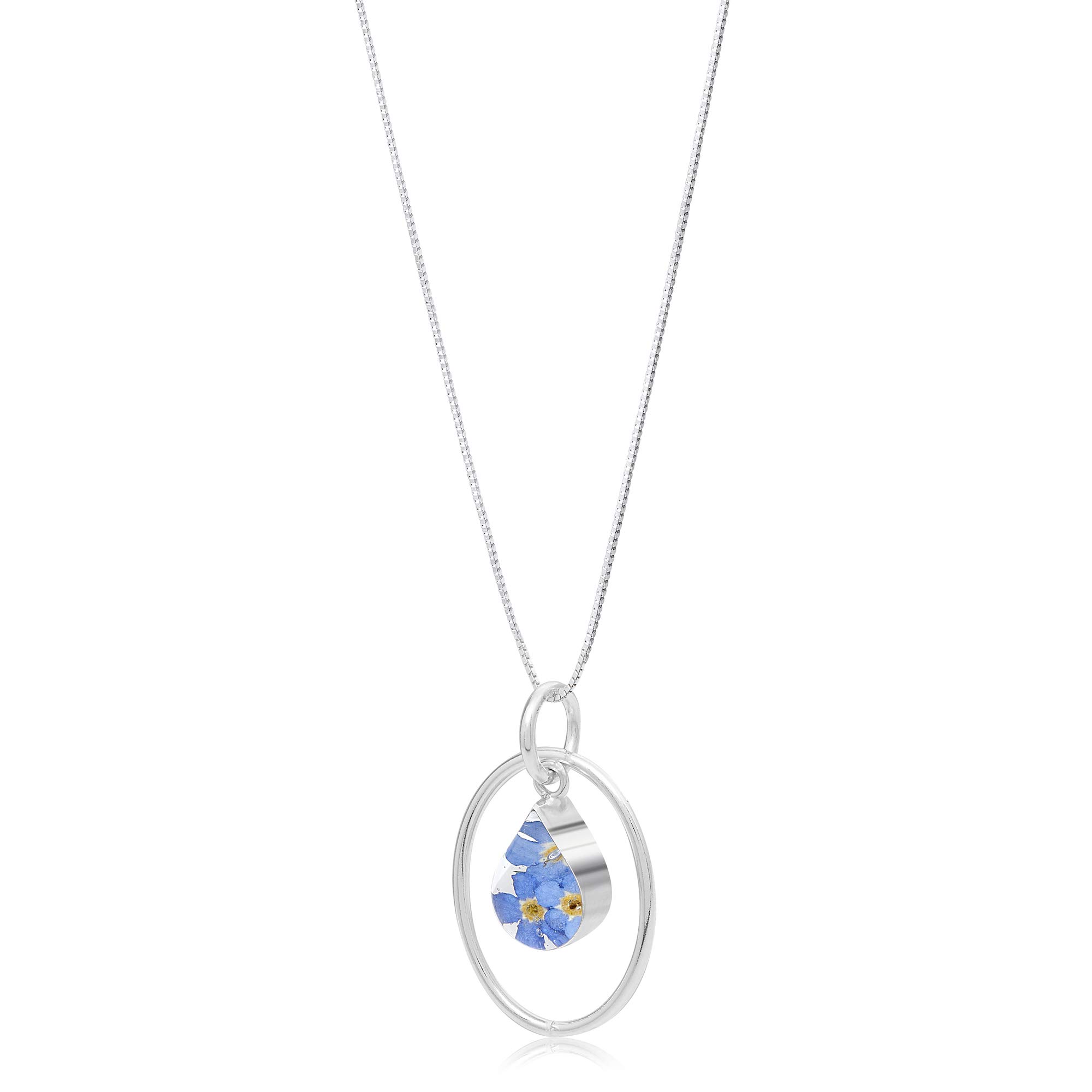Shrieking Violet 925 Sterling Silver Teardrop Hoop Real Flower Pendant Necklace - Forget-Me-Not (Blue)