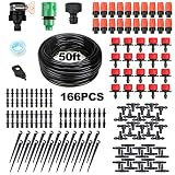 OUTERDO Drip Irrigation Kits, 50ft/15m Plant Watering Kit with Distribution Tubing Hose Adjustable Nozzles, Mist Cooling Irrigation System Automatic Irrigation Set for Garden, Greenhouse, Patio, Lawn
