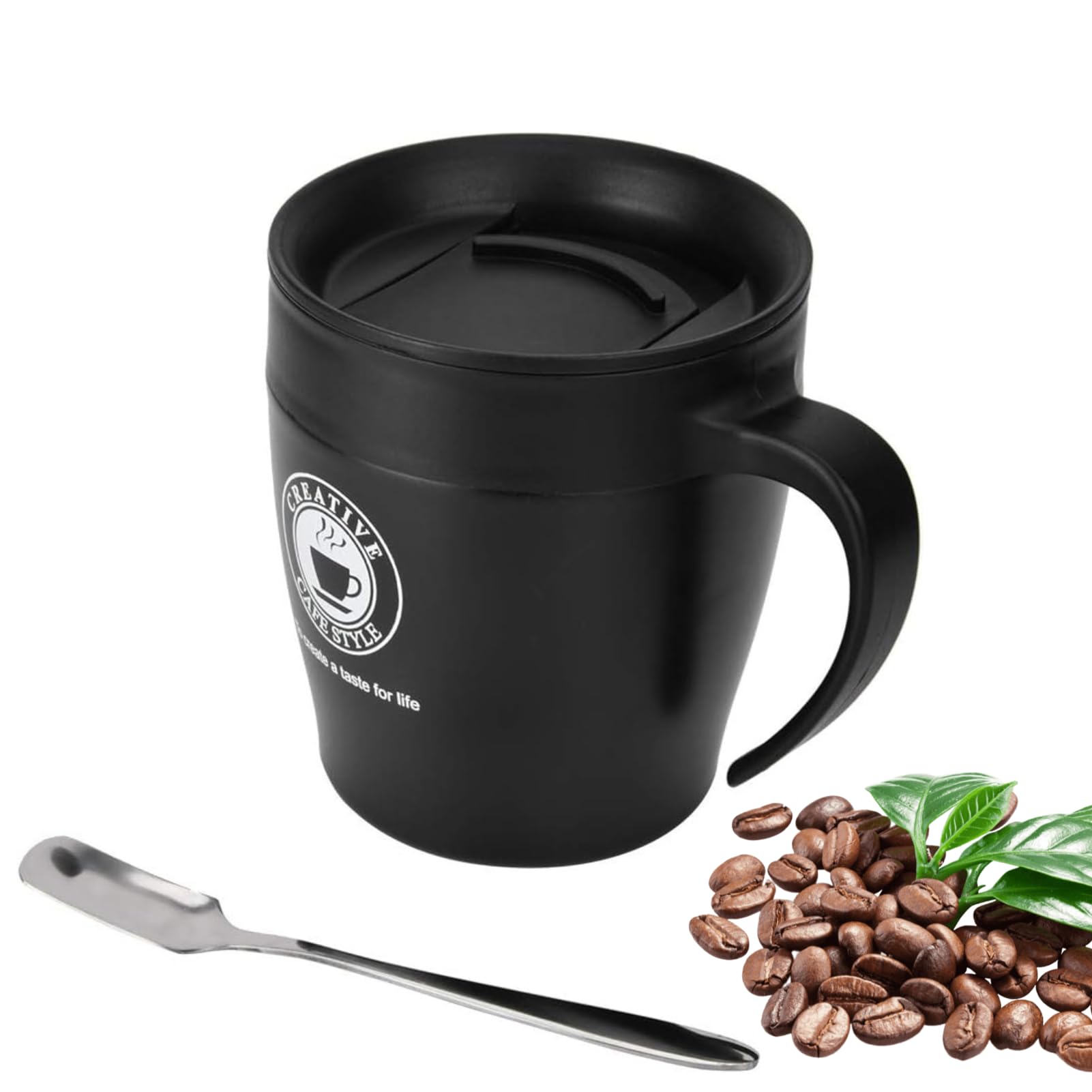 Coffee Mug with Handle nsulated Stainless Steel Reusable Coffee Cup Water Cup with Spoon and Lid for Office Travel(黑色)