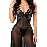 CUXFLS Sexy Long Lingerie Dress with Thong - Sheer Mesh V-Neck Nightdress, Valentines Honeymoon Boudoir Lingerie