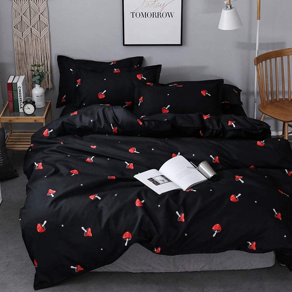Kids Duvet Cover Single Bedding for Boys Girls Red Mushroom Printing Bedding Set Cute Comforter Cover with 2 Pillowcase Zipper Luxury Bedroom Decor Microfiber Bedspread Cover 3 Pcs Black Red