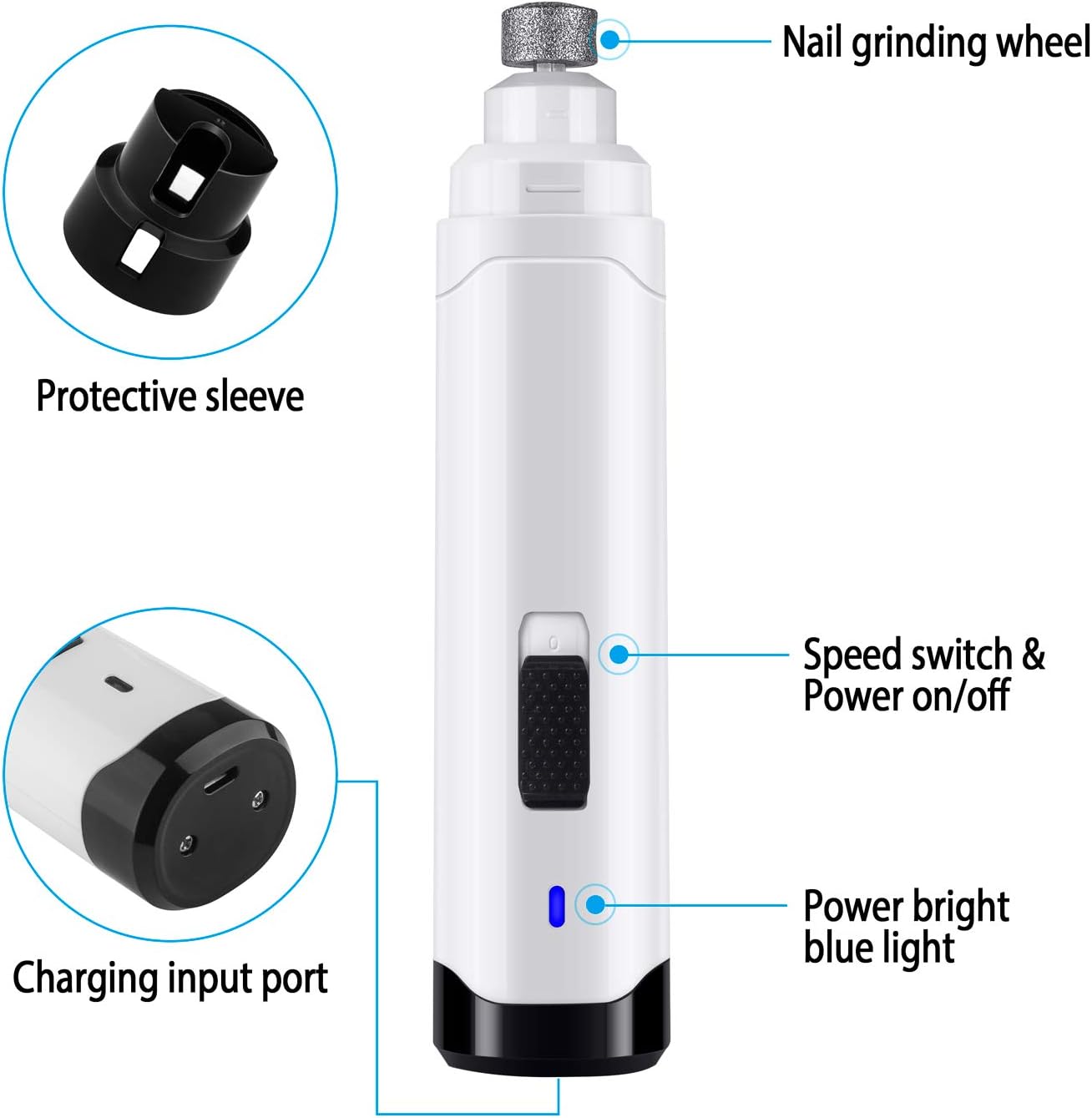 Casfuy Dog Nail Grinder Upgraded - Professional 2-Speed Electric Rechargeable Pet Nail Trimmer Painless Paws Grooming & Smoothing for Small Medium Large Dogs & Cats (White)
