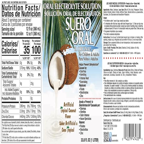 SUERO ORAL ELECTROLYTE SOLUTION FOR CHILDREN & ADULTS, REHYDRATES, RESTORES MINERALS AND NUTRIENTS, COCONUT FLAVOR (33.8 FL OZ/PACK OF 1)