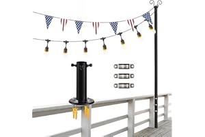 FEBLOMST String Light Poles, 12.6 FT Light Poles for Outside Patio, Outdoor Deck Lighting Poles with Brackets for Fence and Base for Wood Concrete Mount, Heavy Duty Metal Stand Hanging Garden Party Decoration