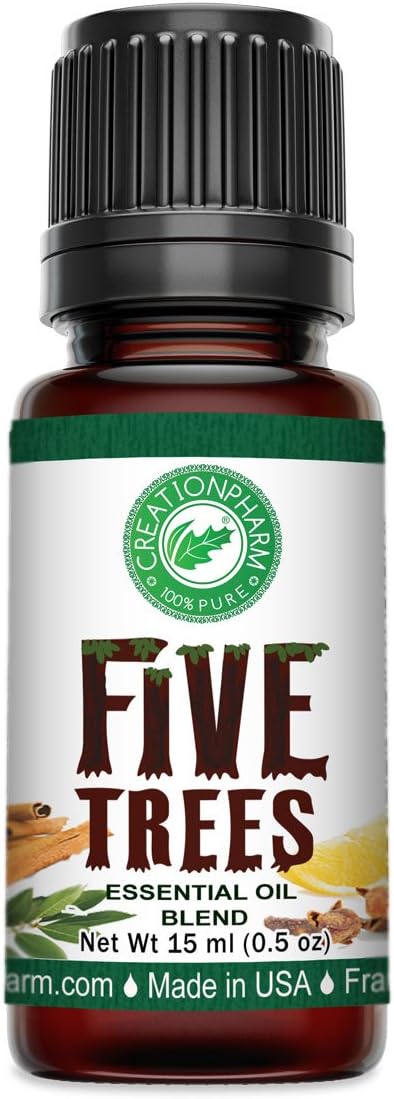 Creation Pharm Five Trees Aromatherapy Essential Oil Blend– Cinnamon, Frankincense, Clove, Lemon, Eucalyptus, Rosemary 15 ml, for Diffuser, Colds, Cleansing, Meditation, Purification