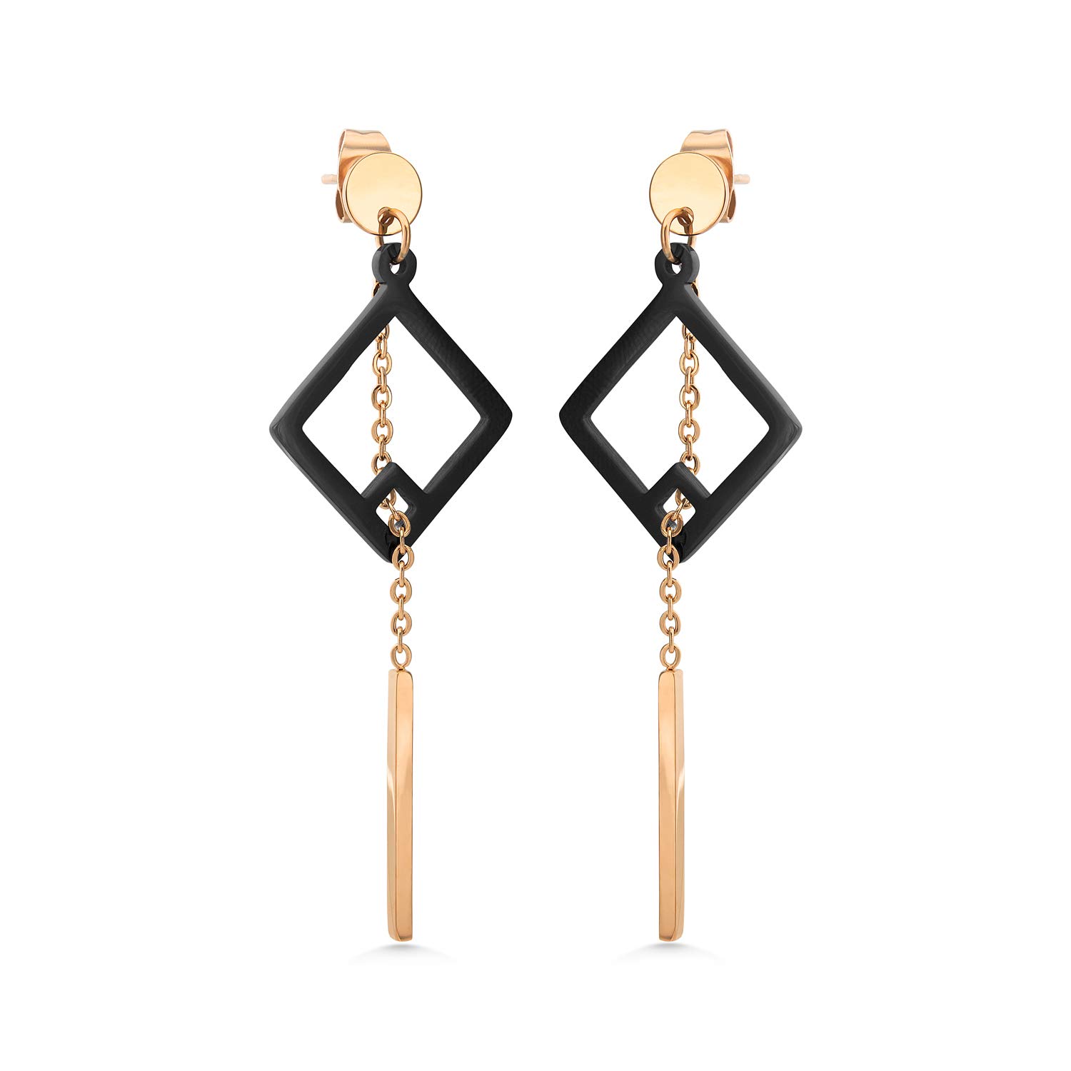 555Jewelry Womens Stainless Steel Delicate Pretty Stylish Long Drop Dangle Diamond Shape Hollow Simple Geometric Earring Hanging Chain Bar Fashion Jewelry Accessory Earrings, Pink Rose Gold & Black