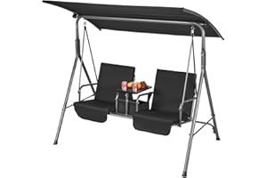 VEVOR 2-Seat Patio Swing Chair, Outdoor Patio Swing with Adjustable Canopy, Porch Swing with Storage Bag and Rotating Tray, O