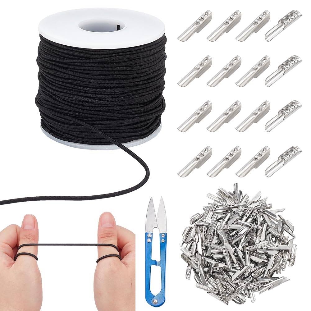 NBEADS 55 Yards(50m) Elastic Barbed Cords Set, 2mm Stretch Round String Elastic Loop with Golden Metal Barbs Fastener, Black