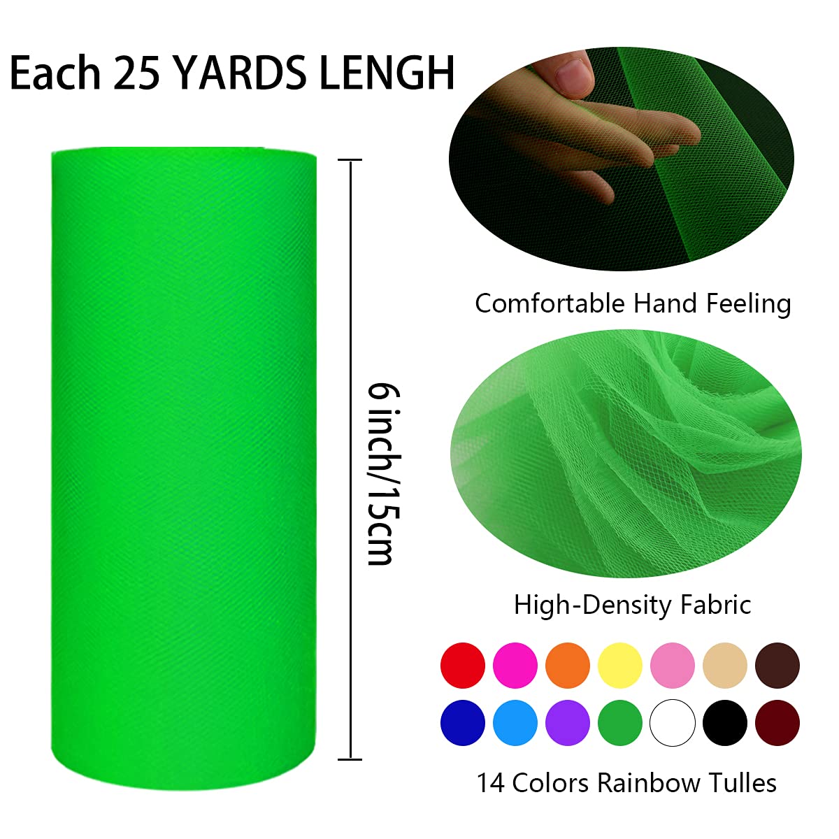 14 Colors Tulle Rolls 6” by 25 Yards (75 Feet) Rainbow Tulle Netting Fabric Spool for DIY Tutu Skirt Gift Bow Craft Wedding Party Decorations