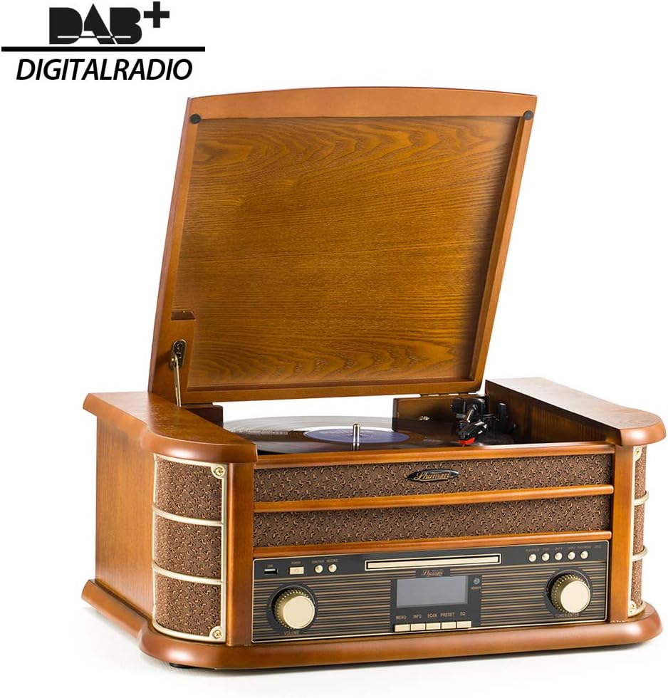 Shuman Vintage 9-in-1 Wireless Music Centre with Remote Control, DAB Digital/FM Radio, 3-Speed Turntable, CD/Cassette Player