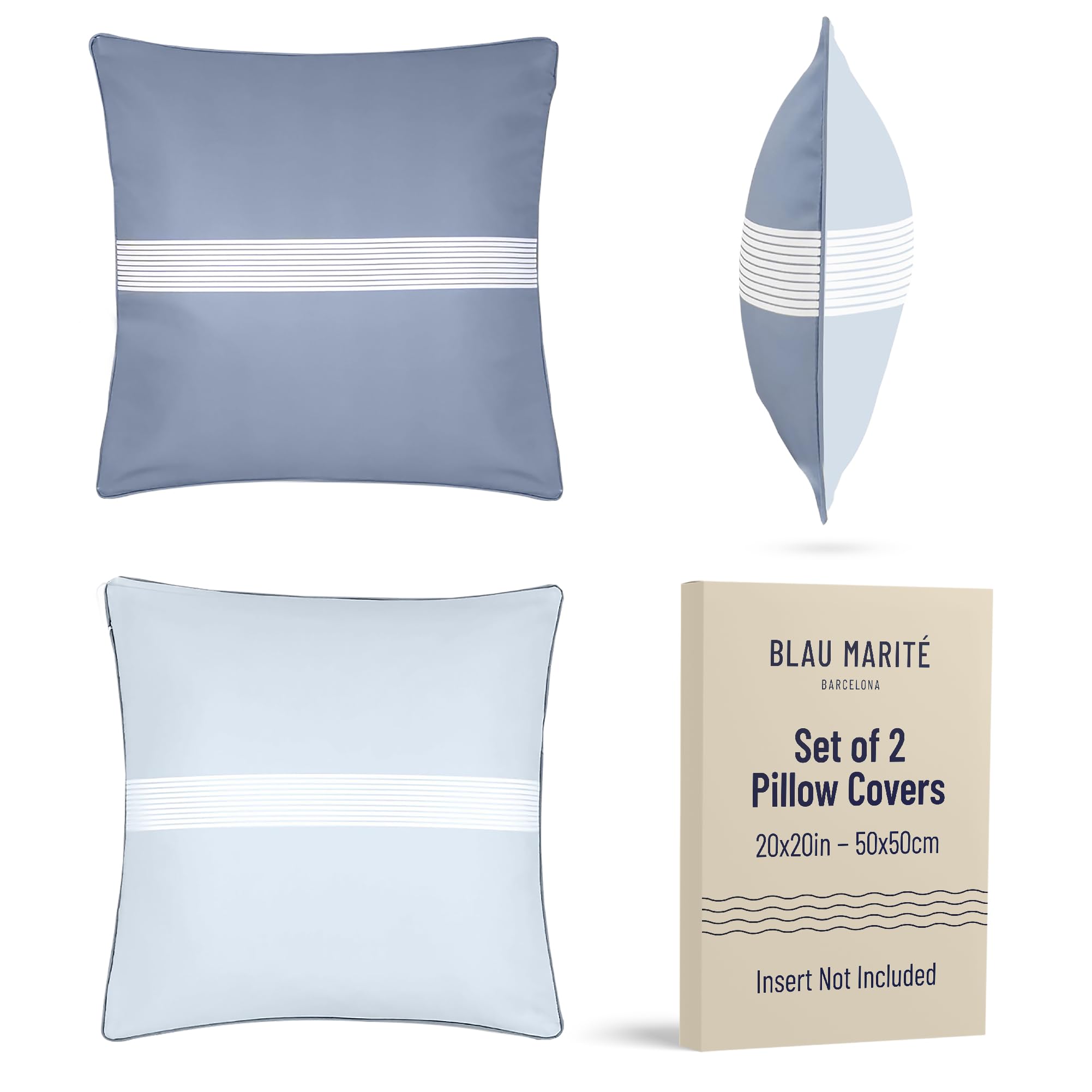 Blau Marité Set of 2 decorative cushion covers. Model FORMENTERA. Resistant, waterproof and anti-stain. Soft and cozy. For indoor and outdoor decoration. (20 x 20 inches, Blue)