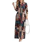 Women's Casual Boho Maxi Shirt Dress Long Sleeve Button Down Floral Patchwork Loose Fit Long Dress with Pockets