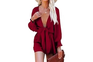 AlvaQ Rompers for Women 2024 Summer Tie Knot Front Sexy V Neck Short Jumpsuits