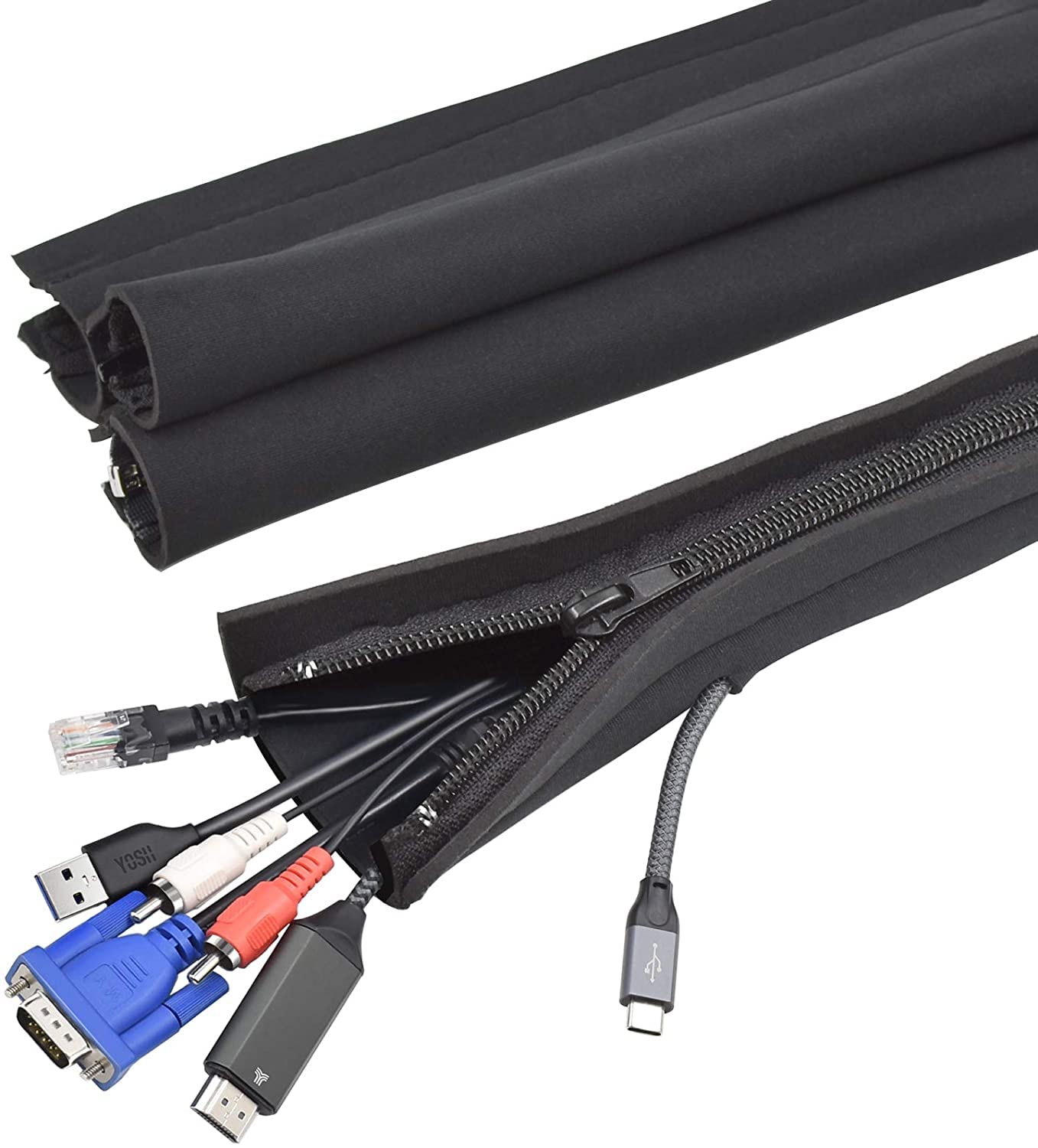 YOSH Cable Tidy Management Zip Wire Sleeves, Waterproof &Dust Proof Neoprene Fabric Prevent Chewing, Under Desk Cables Cord Organizer for PC/TV/Ethernet at Home/in Office - 50cm*2+100cm*2 Black