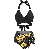 DRESSFO Women’s High Waisted Wrap Bikini Set – Halter Tie Ring Tummy Control Swimwear