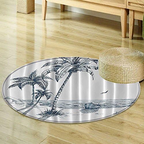Nautical Circle carpet by Nalahomeqq Palms Beach Tropical Decor Shadow Wooden Boat Ocean Waves Rocks Desert Island Sketch Pencil Drawing Lovely Design Navy Teal Woven Fabric-Diameter 60cm(24")