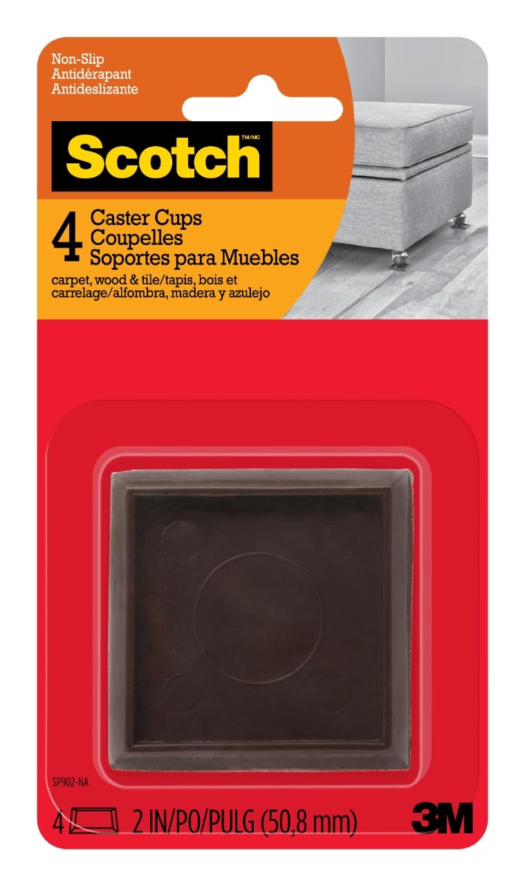 Scotch SP902-NA Caster Cups, Hard Brown, 2-in, 4, 6-Packs Total Chair Leg Protectors, Square 2"