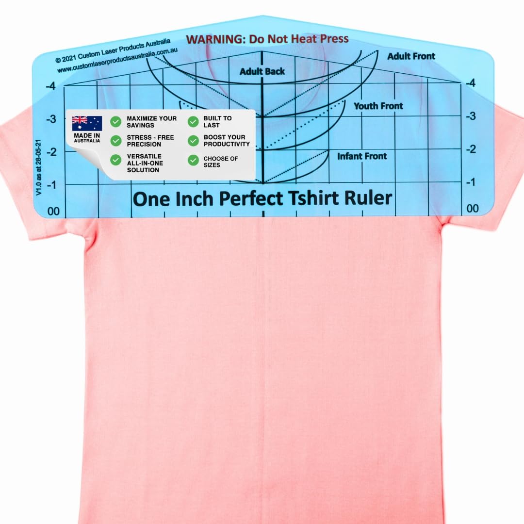 T-Shirt Ruler Guide — Neckline Placement — Shirt Centering Tool for Heat Press — HTV, DTF and Embroidery — Neckline and Shoulder Reference — Clear PETG — Made in Australia