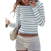 BAIGRAM Women Y2K Boat Neck Striped Crop Sweater Long Sleeve Slim Fit Knit T-Shirt Top Aesthetic Preppy Pullover Fall Outfits