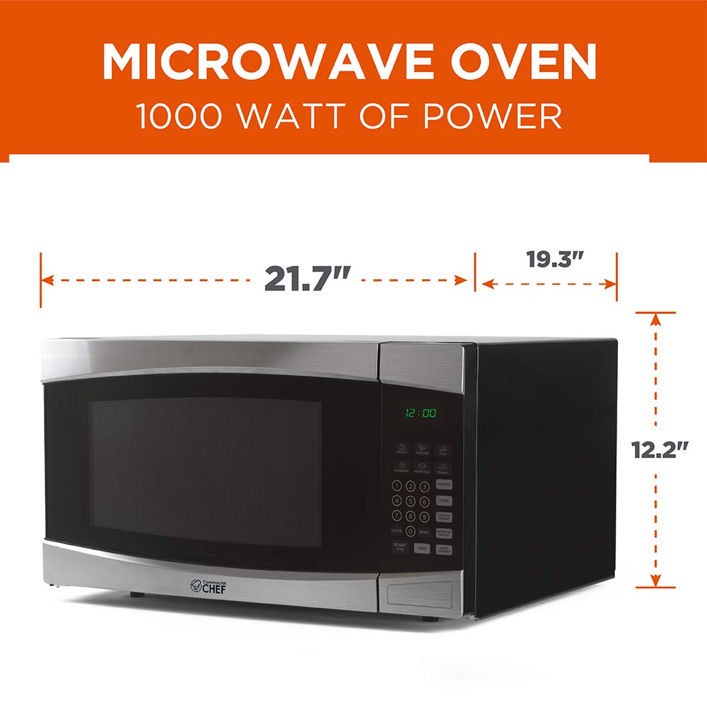 COMMERCIAL CHEF 1.6 Cubic Foot Microwave with 10 Power Levels, Small Microwave with Push Button, 1000 Watt Microwave with Digital Control Panels, Countertop Microwave with Timer, Stainless Steel