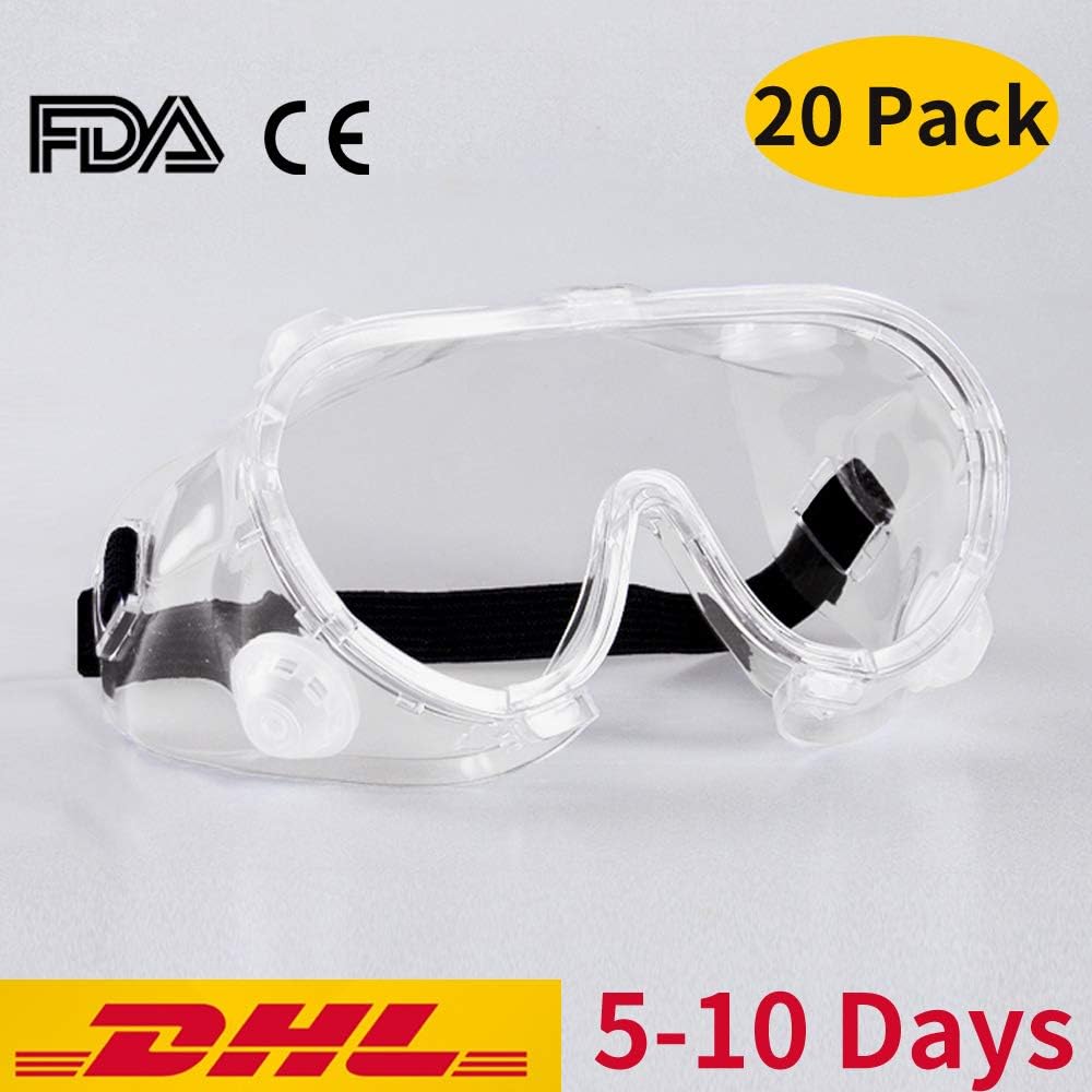 Safety Glasses Protective Eyewear Goggles Medical Lab over Glasses Clear Anti Fog Scratch-resistant Eye Protection (20 Pack)