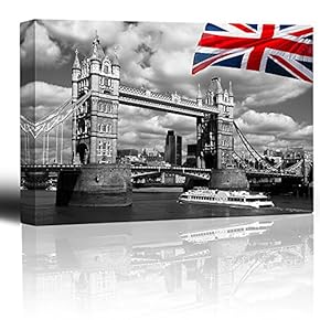 Canvas Prints Wall Art - London Tower Bridge with Colored British Flag | Modern Wall Decor/Home Decoration Stretched Gallery Canvas Wrap Giclee Print. Ready to Hang - 12" x 18"