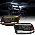 Ronnin - Fits 2009-2018 Ram 1500 2500 3500 2019-2024 Ram 1500 Classic Halogen Headlights LED Switchback Sequential Signal + Animated Startup Effect Parking Assembly Pair | Black Smoke