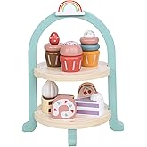 Wooden Dessert Cake Play Food Set Toys, Pretend Play Kids Tea Party Set for Little Girls Toddlers, Montessori Wooden Play Kitchen Accessories Sets for Kids