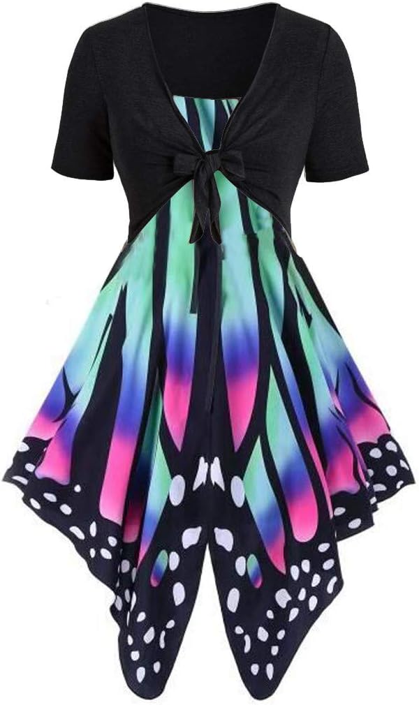 GOWOM Women's Summer Fresh Butterfly Print Dress Sling Pullover Two-Piece Set