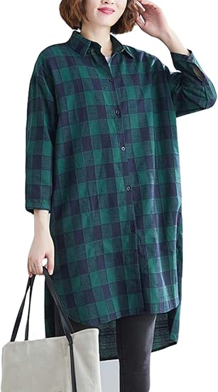 Amazon Ksila シャツワンピース レディース ポロネック ロングワンピース チェック柄 ゆったり チュニック オーバーサイズ 不規則 ワンピース ファッション 春 秋 Freesizeグリーン ワンピース チュニック 通販