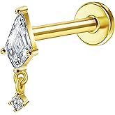 RL ROSARY LAND 14K Yellow/White Gold Dangle Threadless Earring 1 Pcs, 16G Flat Back Stud Cartilage Earrings Helix Labret Lip Monroe Tragus Piercing Jewelry 6mm 8mm…