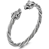 COOLSTEELANDBEYOND Mens Womens Stainless Steel Double Wolf Heads Braided Cable Cuff Bangle Bracelet Adjustable