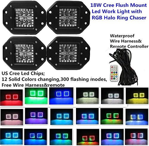 Shining Light Bar 4pcs 18W Flush Mount Led Cree Work Light RGB Halo Ring Chasing Led Pods 12 Solid Colors Changing 300 Flashing Modes RGB Jeep Light for offroad ATV SUV truck free Wire Harness