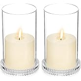 Hurricane Glass Candle Holders Set of 2, Serrated Round Candle Stand for Pillar Candles Modern CandleHolders Cylinder Chimney Cover for Outdoor Wedding Decor Parties & Table Centerpieces