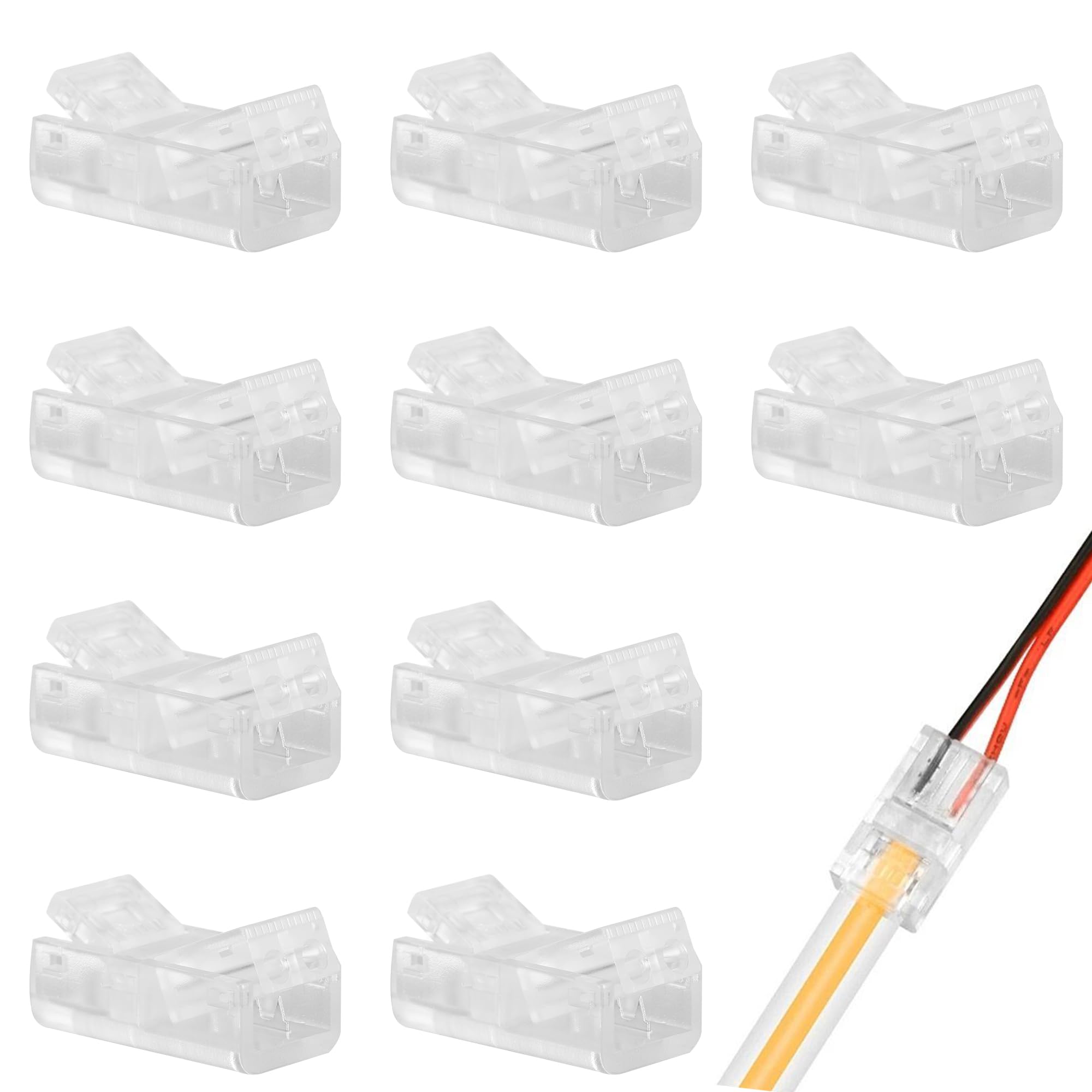 WUISOLQP 10pc 2 Pin COB LED Strip Light Connectors - Unwired Solderless Quick Connectors for 8mm Width COB Waterproof LED Strip Lights