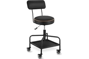 WUDOYO Shop Stool with Lockable Rubber Wheels Adjustable Backrest Tool Tray Storage 400 lb Capacity Rolling Garage Stool (Black)