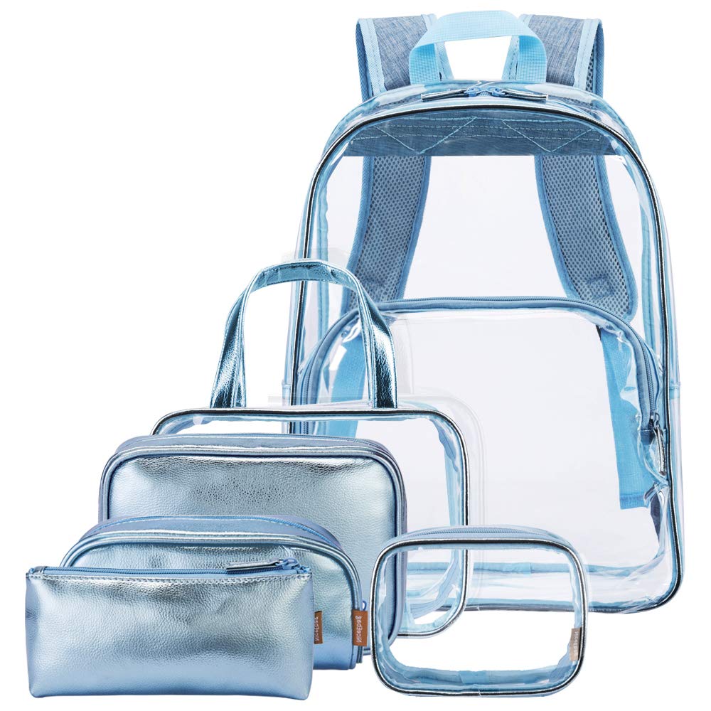 NiceEbag Clear Backpack with Cosmetic Bags Heavy Duty School Bookbag with Makeup Bag Set See Through Travel Backpack Stadium Approved Transparent Backpack for Girl Boy Adult Women Men(6Packs,Blue)